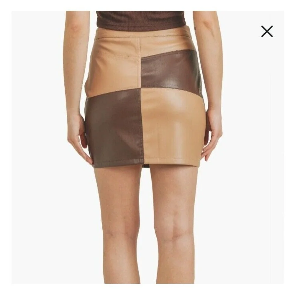 All in Favor Faux Leather Mini Skirt Womens S‎ Color Block Tan Cocoa Patchwork